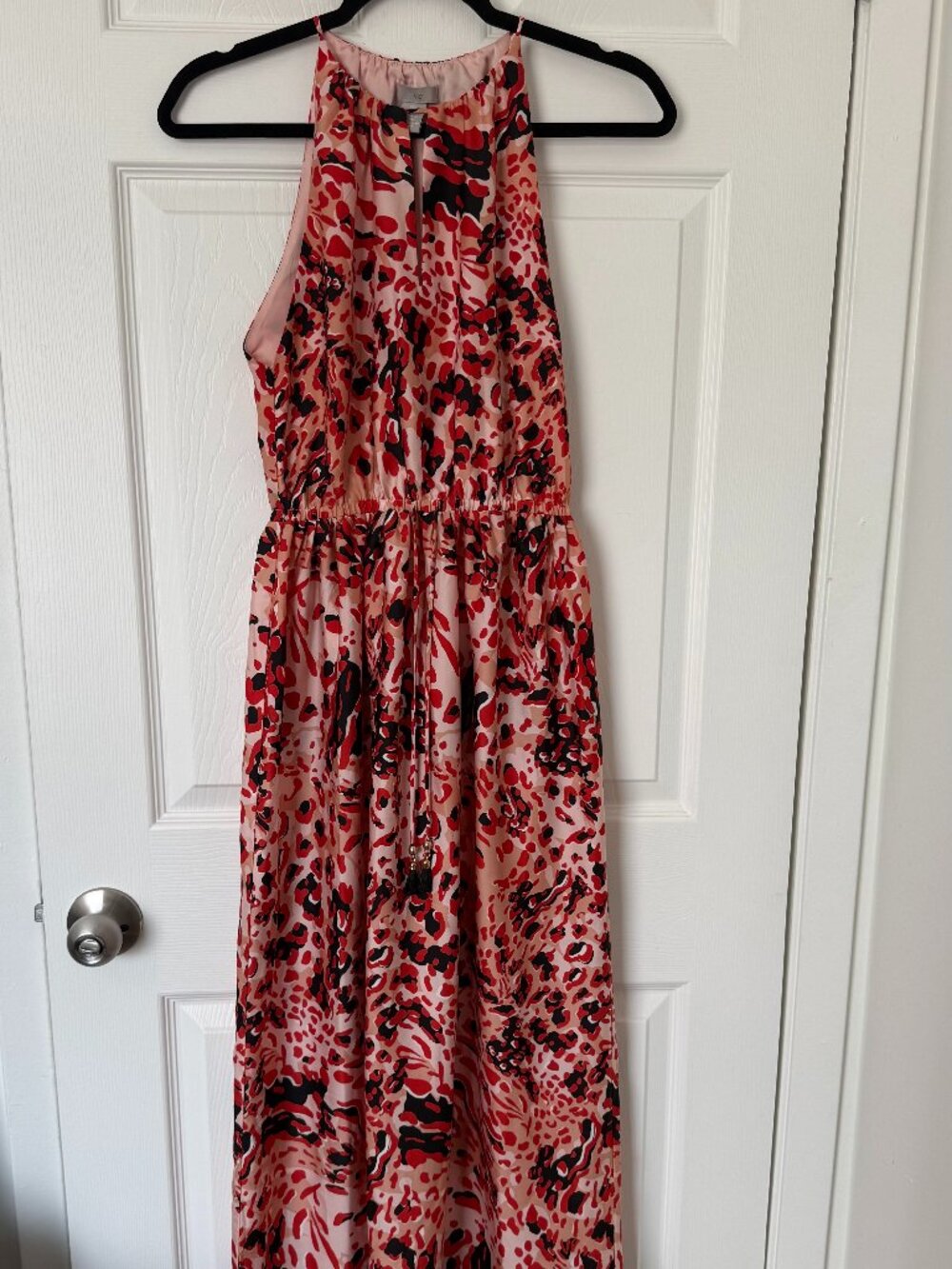 H&M Red Peach Leopard Satin Halter Maxi Dress 2